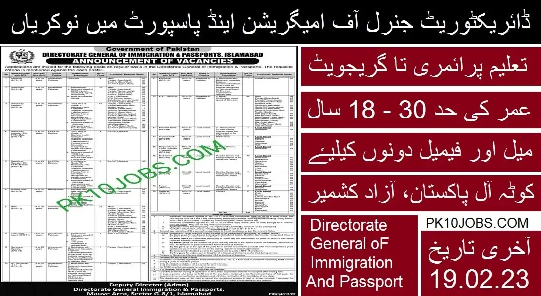 Directorate General of Immigration & Passports Jobs 2023 - Pakistan Jobs