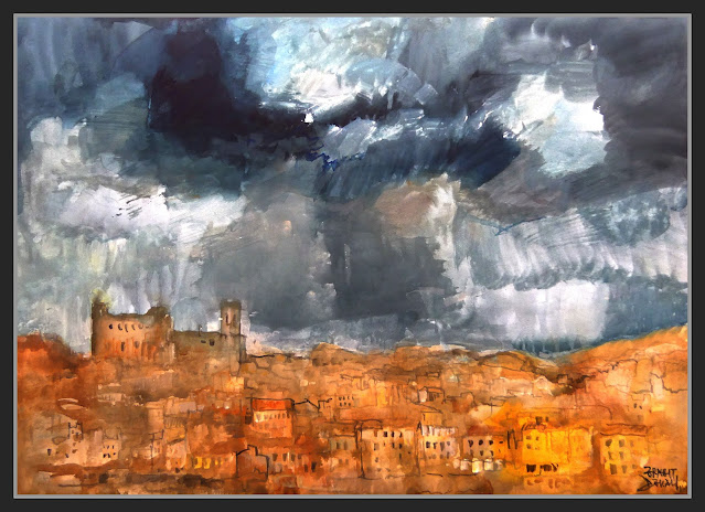 VALDERROBRES-PINTURA-ARTE-SE PREPARA LA TORMENTA-CIELO-NUBES OSCURAS-PANORAMICA-PAISAJES-MATARRAÑA-ARTISTA-PINTOR-ERNEST DESCALS-