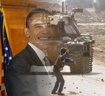 Obama overlaid with a picture of a boy throwing  a stone against a tank in Israel