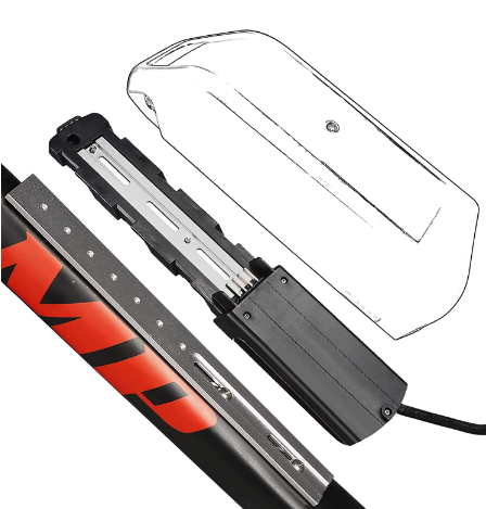 Electric bike battery install bracket holder for downtube bottle holder.