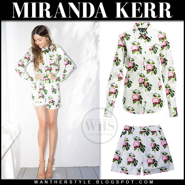 Miranda Kerr in white floral shirt and shorts