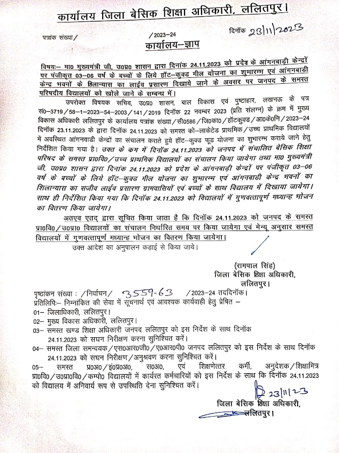 आज 24 तारीख को जनपद में खुले रहेंगे समस्त विद्यालय, देखें आदेश