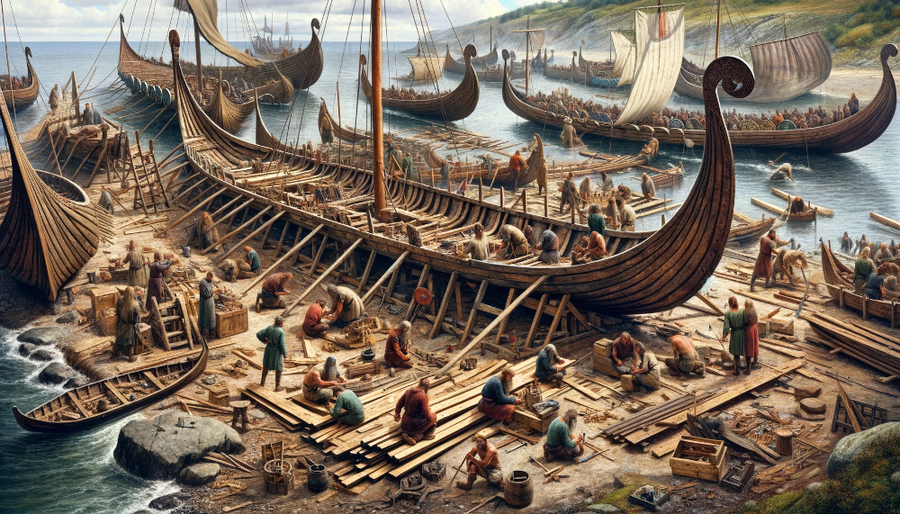 Astillero vikingo ocupado, donde artesanos y trabajadores están construyendo barcos vikingos, mostrando un barco en construcción en primer plano y otros completados en el fondo.