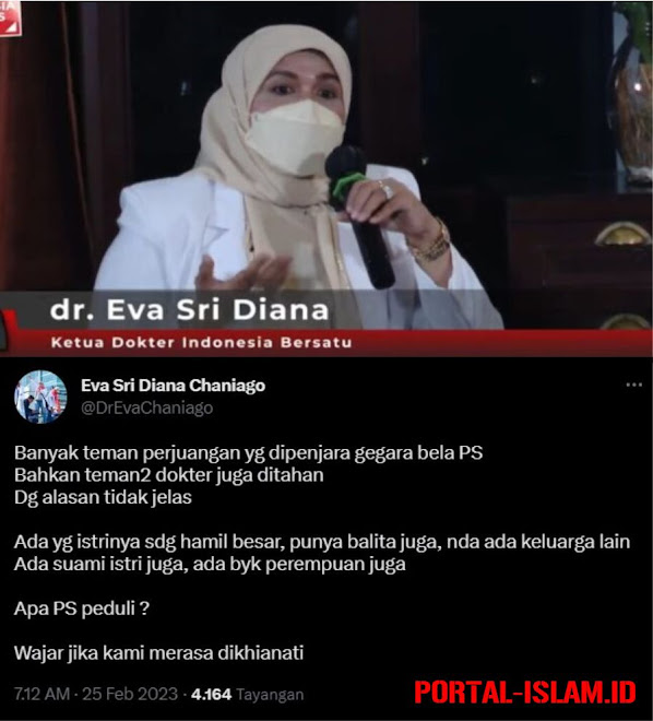 menyatakan adalah hal wajar para mantang pendukung Prabowo merasa dikhianati dengan berga dr. Eva Sri Diana: Banyak teman-teman dokter dipenjara gegara bela PS. Apa PS peduli? Wajar jika kami merasa dikhianati