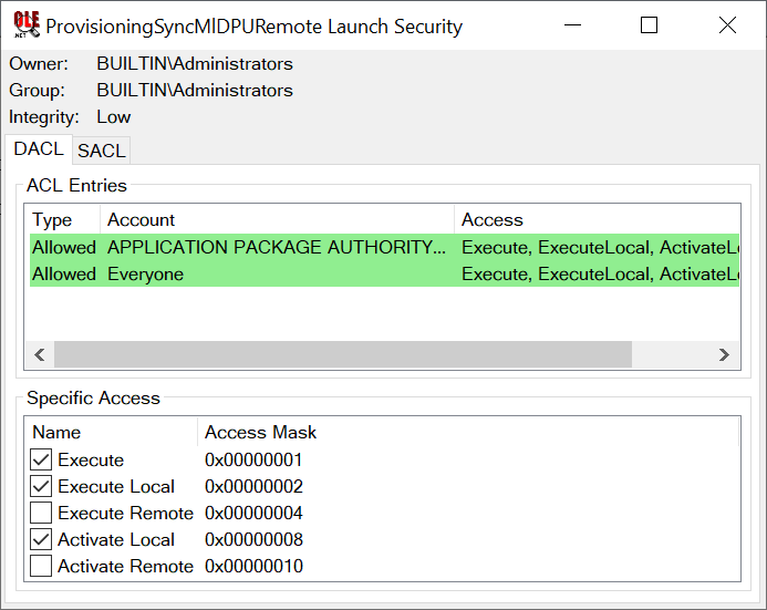 Security Descriptor view for COM Class showing Everyone has Access and Low Integrity Level