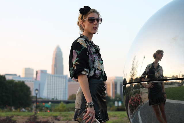 Zara Leather Studded Skirt, Great Grandmother's Blouse, Zoe Lynn & Co. headband, Tory Burch Pumps from summerbird, Blinde Sunglasses, JJ Winters Clutch from Lipp Boutique, Rings from Tiffany and Diamonds Direct