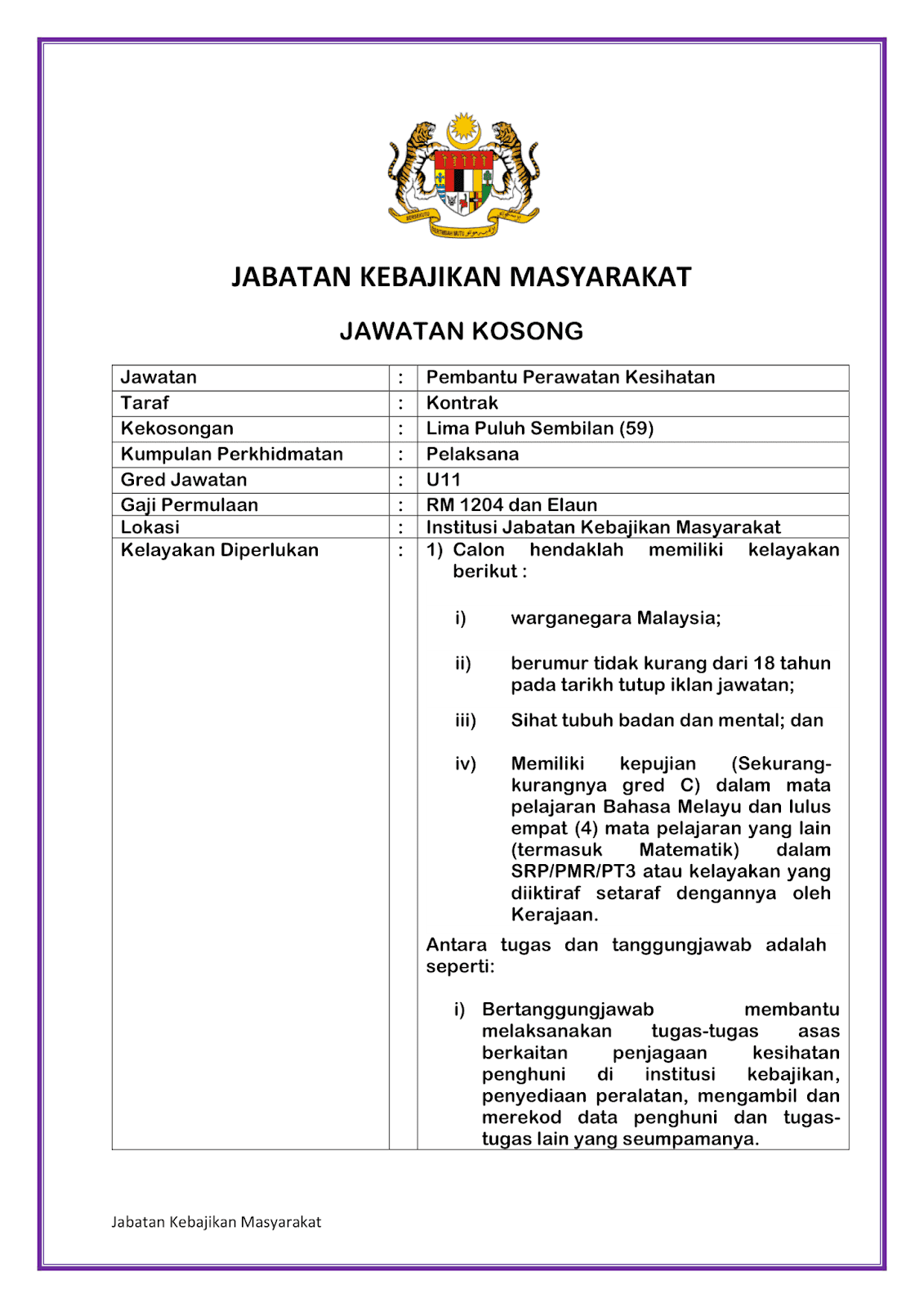 Jawatan Kosong di Jabatan Kebajikan Masyarakat JKM 