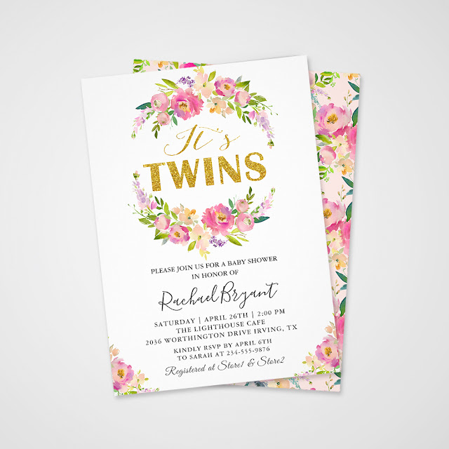  Chic Twins Pink Floral Baby Shower Invitation