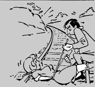 a beautiful wife on the railway track - a cartoon