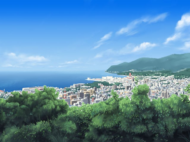 Hill view of a Coast City (Anime Background)