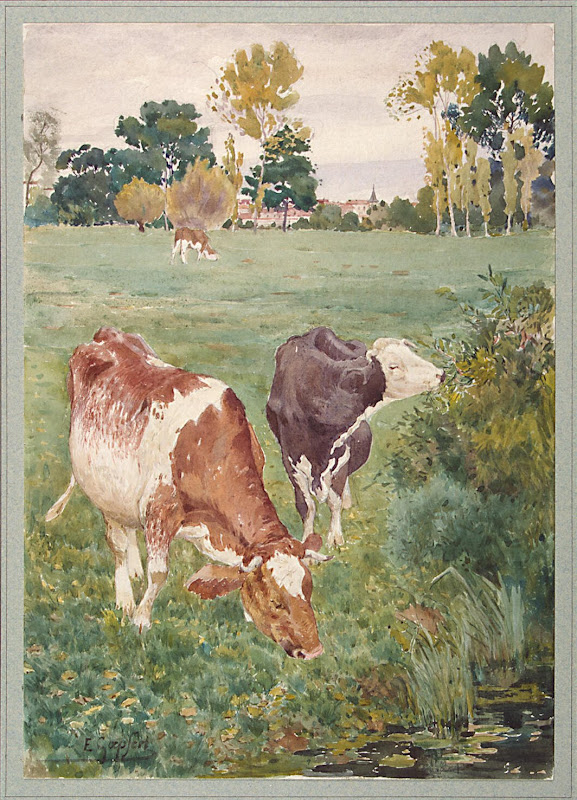 Cows Grazing on a Meadow by E. Goepfert - Animal Drawings from Hermitage Museum