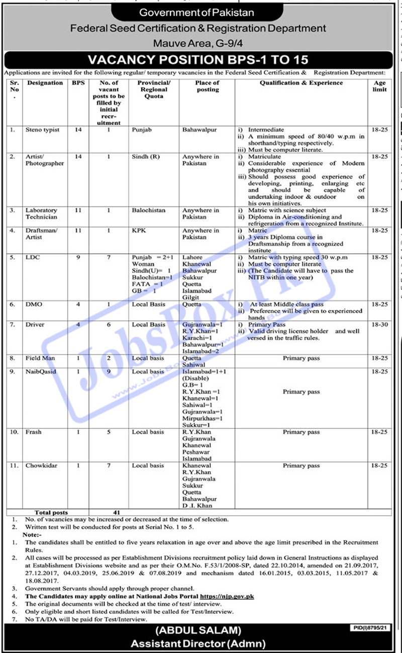 Latest Advertisement Of Federal Seed Certification & Registration Department Jobs 2022
