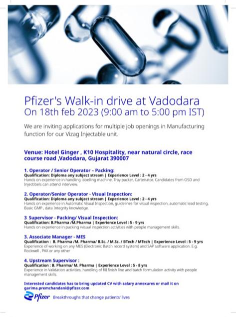 Pfizer Pharma | Walk-in interview at Vadodara for MES/ Prod/ VI/ Packing on 18th February 2023