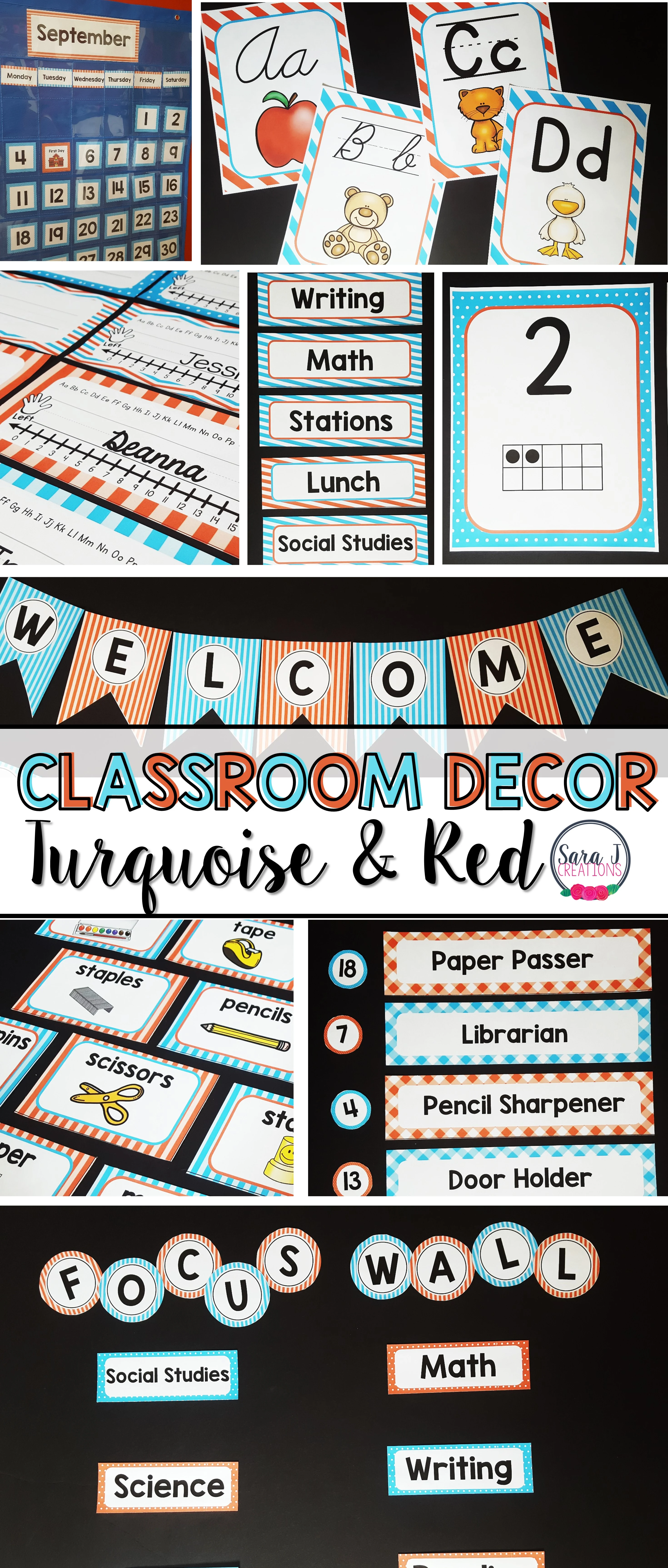 Turquoise and Red classroom decor is a way to make your elementary classroom bright and colorful. Includes 400+ pages and is editable so you can personalize it for your classroom. Don't forget to grab your FREE matching classroom quotes posters!