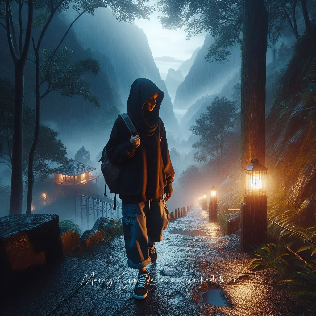 AI prompt _ gambar gadis bertudung berjalan dalam hujan
