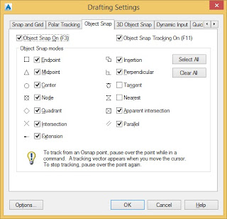 setting object snap autocad, pengaturan object snap autocad, kotak dialog object snap, memilih object snap autocad