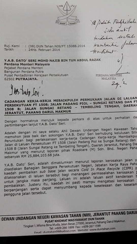 Surat Kepada Wakil Rakyat Jalan Rosak