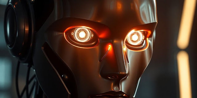 Robot head with glowing eyes, dim lighting