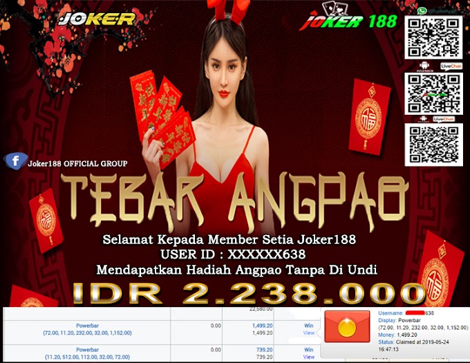 Selamat Kepada Member Setia Joker188, Mendapatkan Angpao Tanpa Diundi Periode 24 Mei 2019