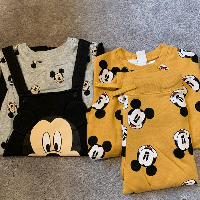 Mickey Mouse 2-piece set in yellow, and dungarees set with top