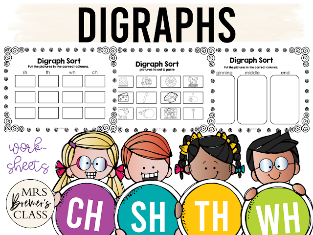 Digraphs activities pack with posters, charts, sorting activities, worksheets, and more for Kindergarten and First Grade