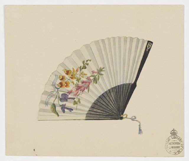 Christmas Card design depicting a hand-held fan with painted Australian flowers with the words "A Merry Christmas".