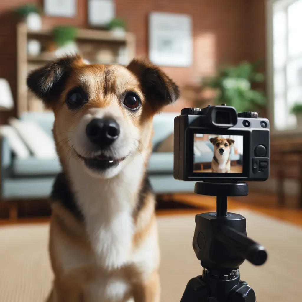 Dog with a small camera on a tripod, appearing to vlog