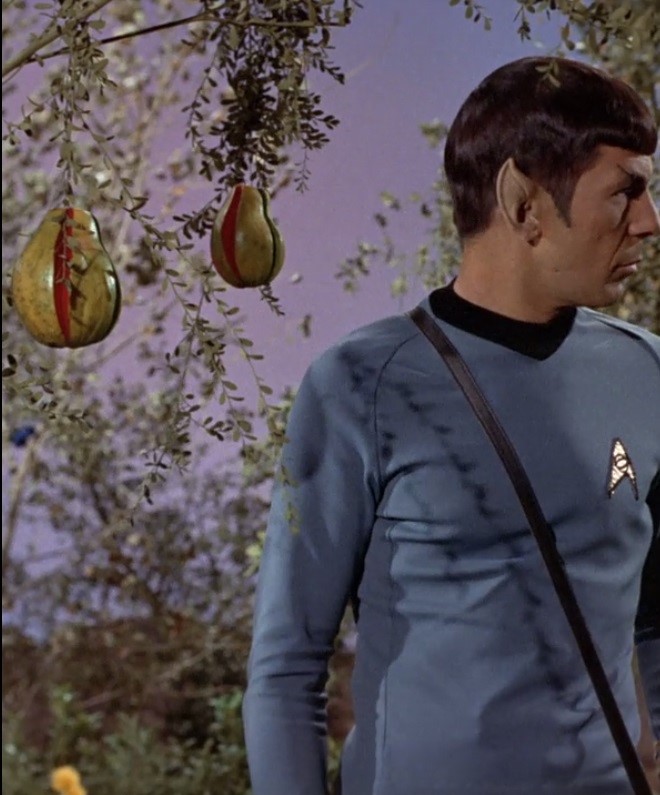 Spock stands near alien pear tree