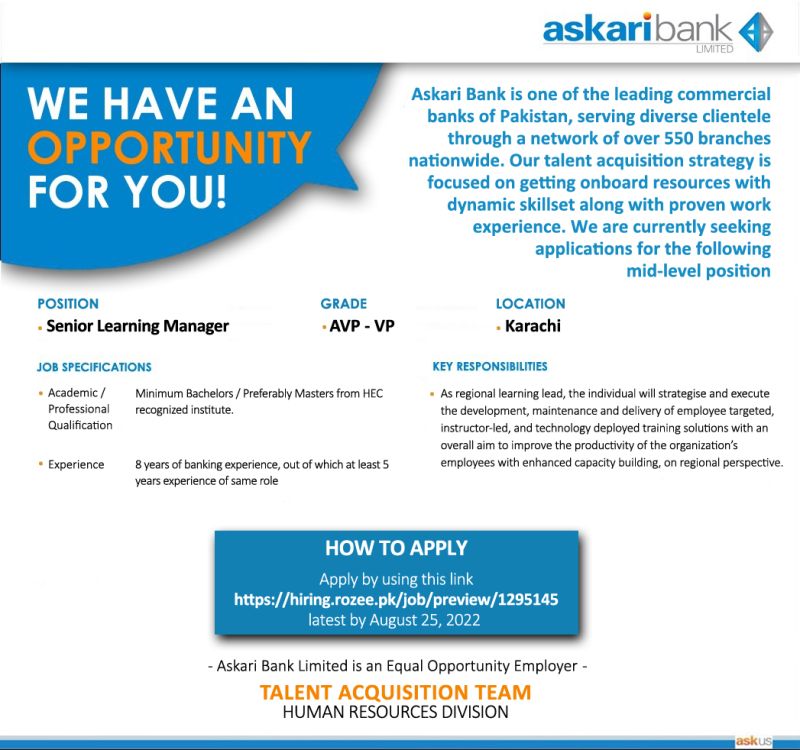 Career Opportunity For Senior Learning Manager - Karachi At Askari Bank Ltd