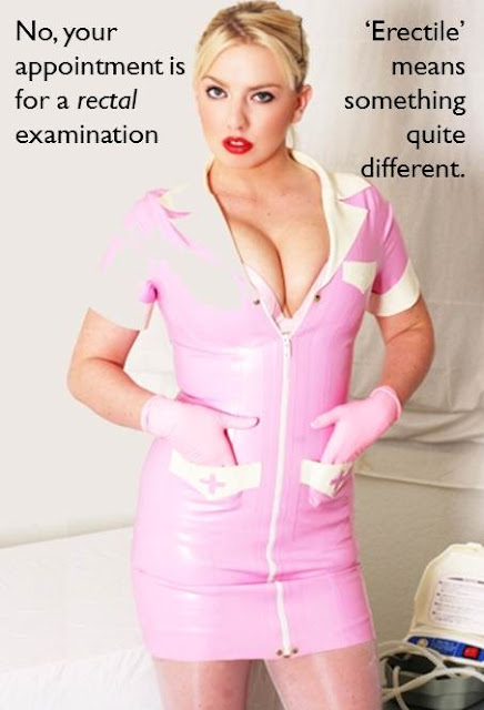 femdom captioned image of sexy nurse talking about rectal examination