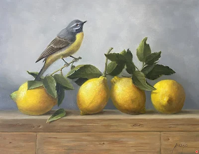 Grey Wagtail with Lemons painting Patt Baldino