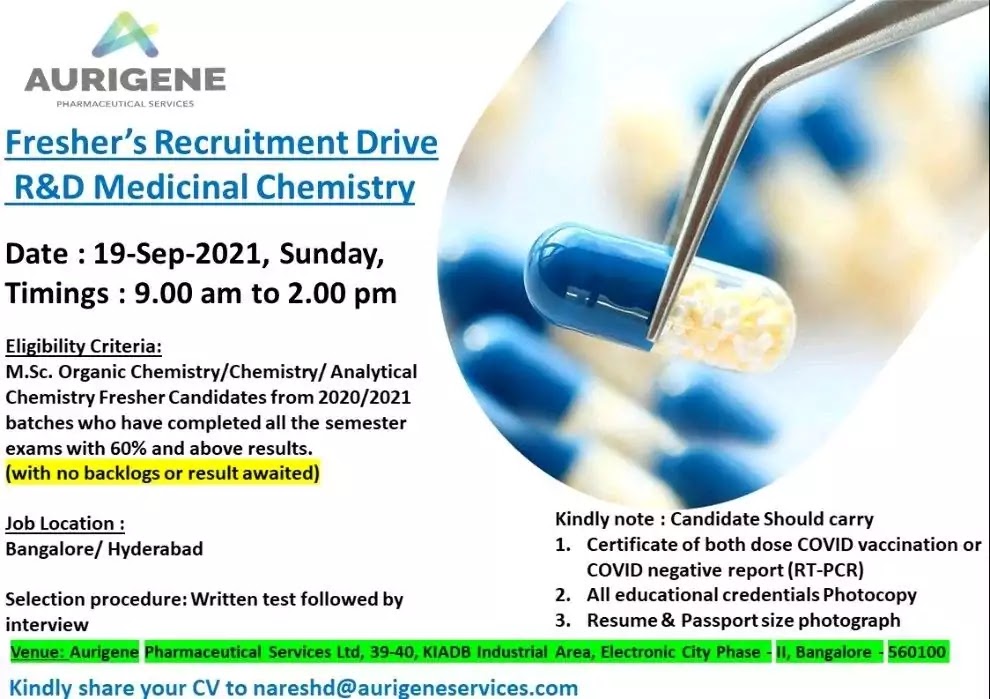 Aurigene Fresher's Recruitment Drive R&D Medicinal Chemistry
