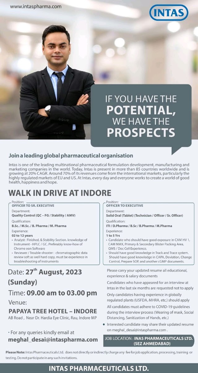 Intas Pharmaceuticals | Walk-in interview for QC & OSD Manufacturing on 27th Aug 2023