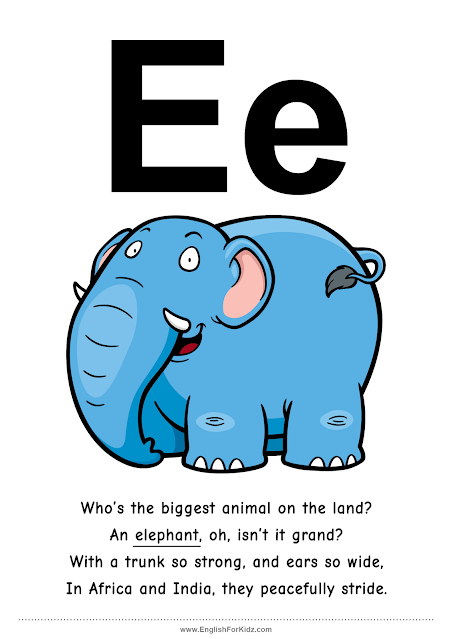 Letter E rhyme about an elephant - ABC rhymes printable poster