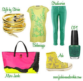 Green and yellow outfit, Marc Jacobs tote