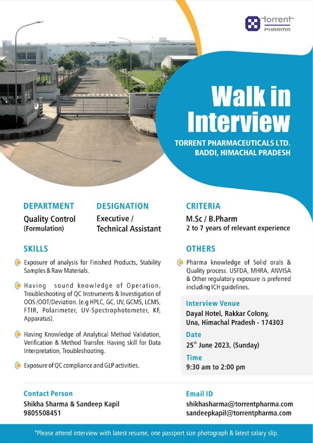 Torrent Pharmaceuticals | Walk-in Interview for Quality Control on 25th June 2023