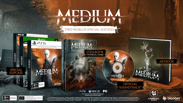 the medium two worlds special launch edition ps5 exclusive steelbook hardcover artbook official soundtracks psychological horror game retail version marianne bloober team dual-reality gameplay september 3 2021