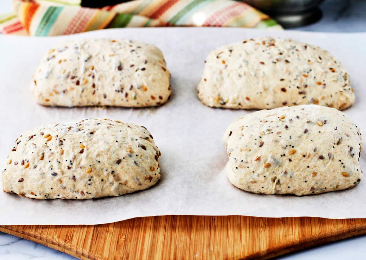 Mixed Grains and Seeds Ciabatta shaped loaves before baking.