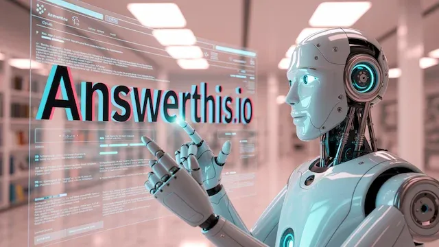 AI-Powered Research Revolutionized A futuristic robot, embodying the AnswerThis.io AI research assistant, interacts with a vibrant 3D interface in a modern lab, showcasing streamlined research and discovery.