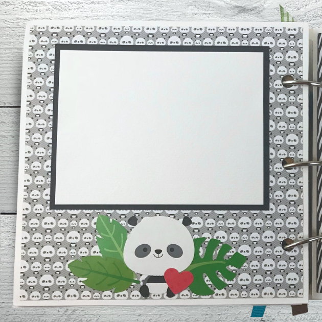 Zoo or Jungle themed scrapbook album page with panda bears, a heart, and palm leaves