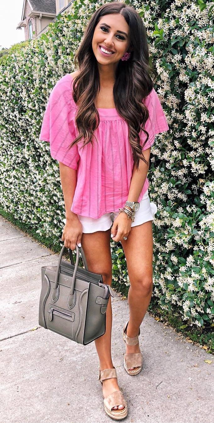 pretty cool outfit / pink top + white shorts + bag + nude platform espadrilles