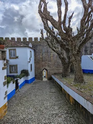 Gate in the town wall in Obidos surrounded by white-washed buildings and gnarled trees