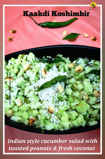 Kaakdi koshimbir is a typical Maharashtrian style cucumber salad with a garnish of fresh coconut and roasted peanuts