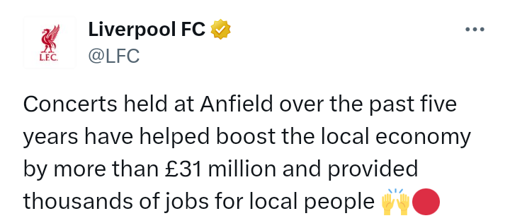 "Concerts at Anfield over the past five years have helped boost local economy up to £31million"