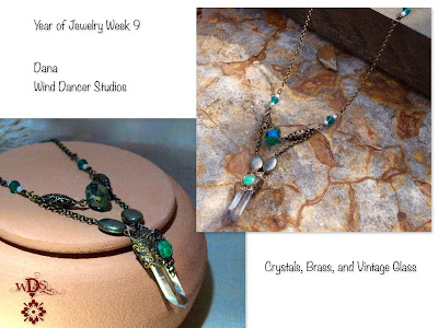 Wind Dancer Studios; Crystal Point Necklace; Green and Antique Gold