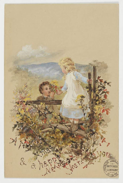 Christmas Card design depicting a boy handing a bouquet of flowers to a little girl sitting on a fence "A Merry Xmas & A Happy New Year to You".