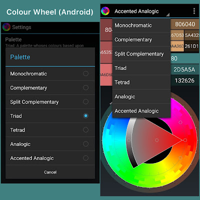 Screenshots of the Colour Wheel app are shown side by side to display how the app works. There is a list of many color theory terms and a collection of warm colors.