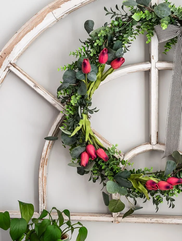 greenery wreath, pink tulips, chippy window