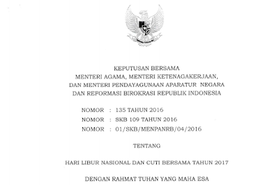 Download Surat SKB KEMENAG, Tentang Hari Libur Nasional dan Cuti Bersama Tahun 2017