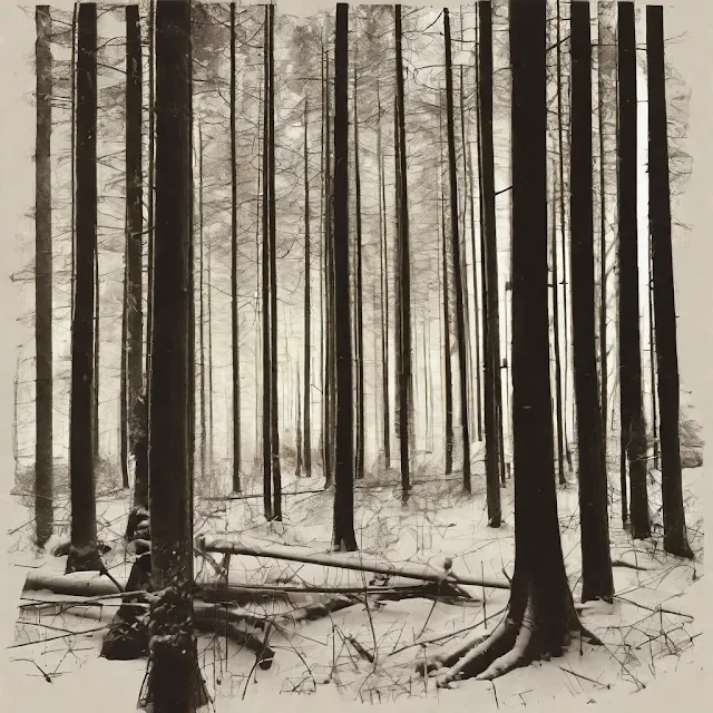 Bosque frío, árboles maderables y nieve